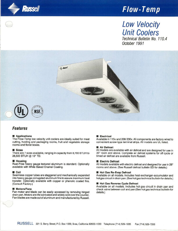 Flow-Temp Low Velocity Unit Coolers 1991