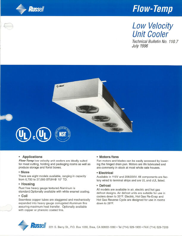 Flow-Temp Low Velocity Unit Coolers 1996