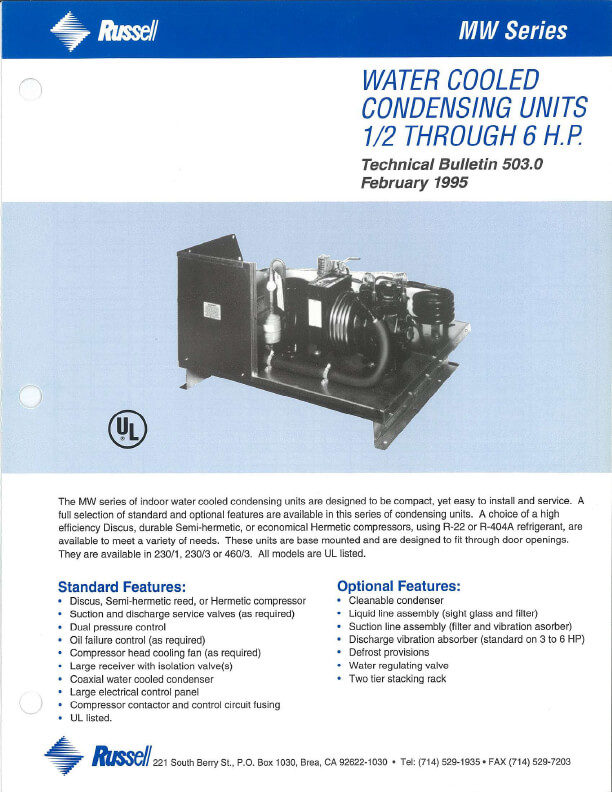 MW Series Water Cooled  Condensing Units 1995