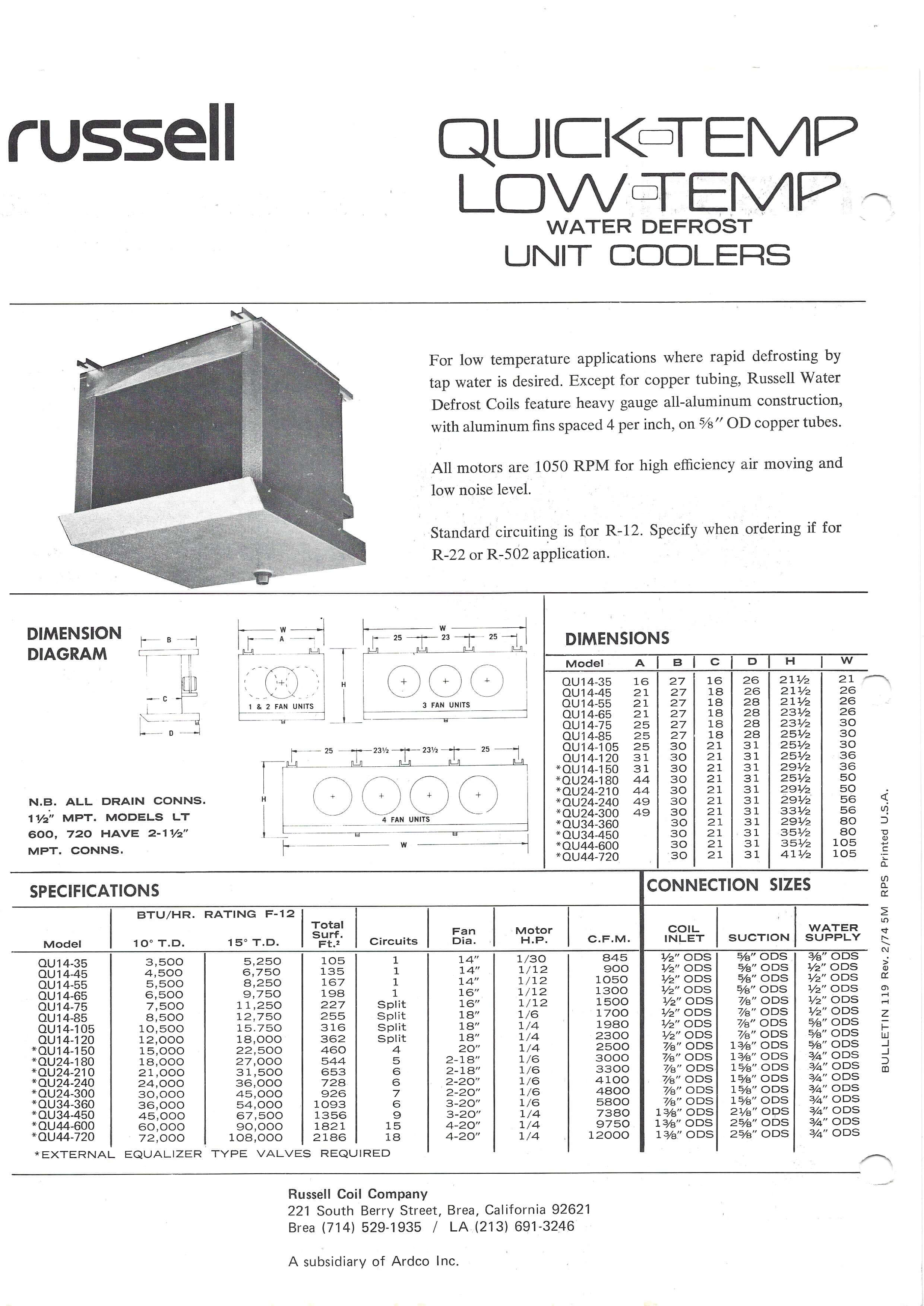 Quick-Temp Low-Temp Water Defrost Unit Coolers 1974