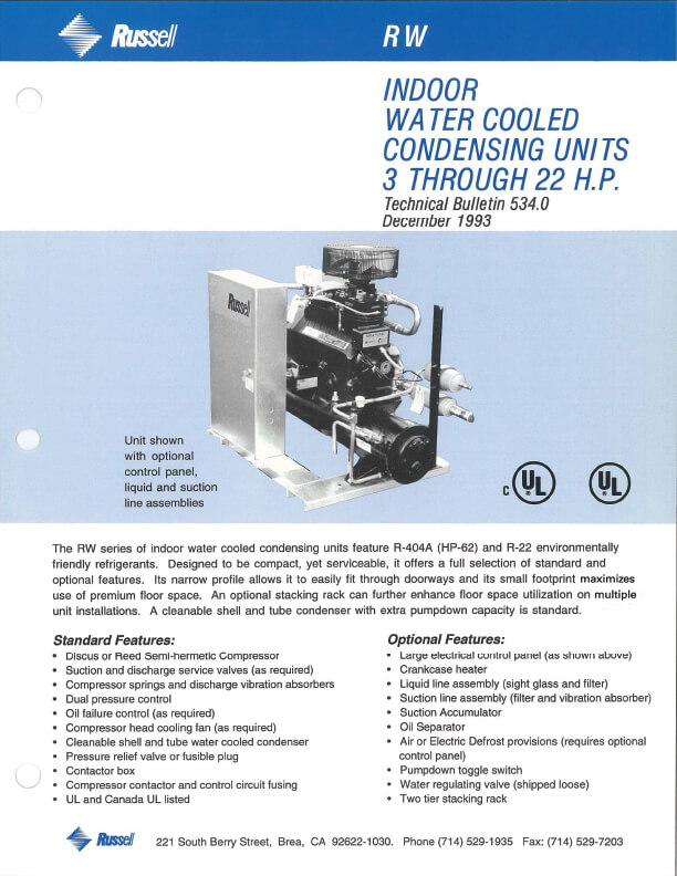 RW Indoor Water Cooled Condensing Units 3 to 22 HP 1993